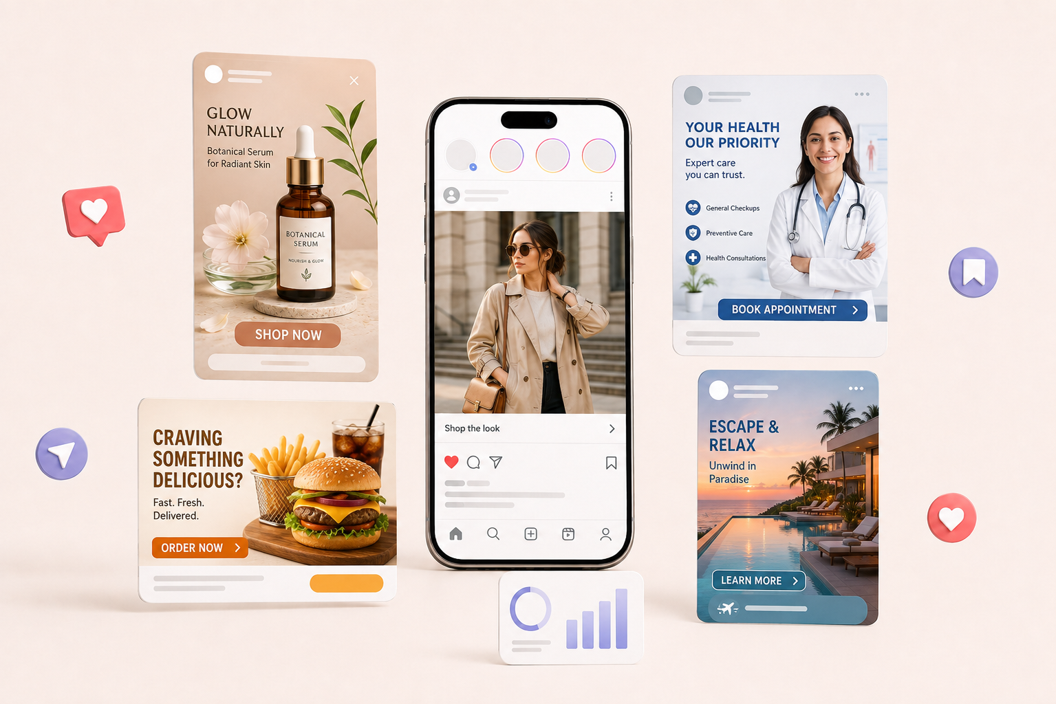Illustrative composition showing several Instagram advertising formats